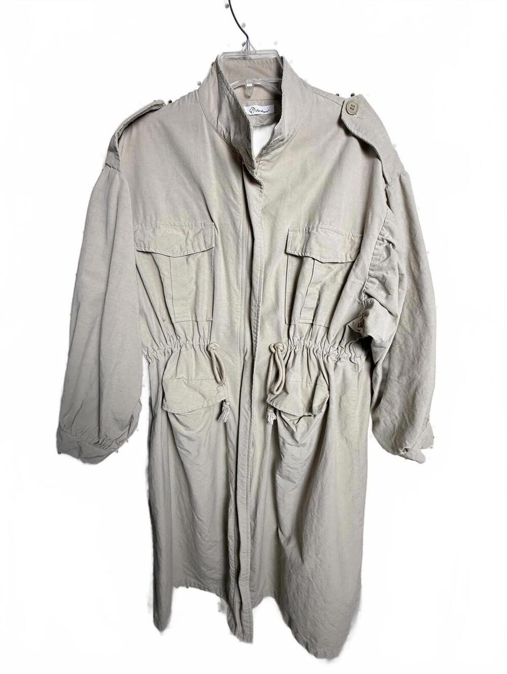 Beige Long Utility Jacket with Drawstring Waist